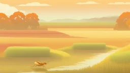 Rice field，Trees，Warm color palette，Animation，A lovely grasshopper