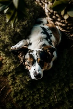 Un perro durmiendo abajo de un arbol boca arriba. Plano desde arriba. Corregir que el perro esté durmiendo boca arriba y la fotografía tomada desde arriba