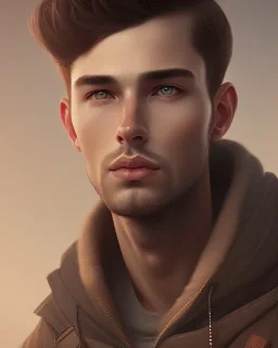  boy, cute, young, brown hair, brown eyes, medium hair, head and shoulders portrait, head and shoulders portrait, 8k resolution concept art portrait by Greg Rutkowski,