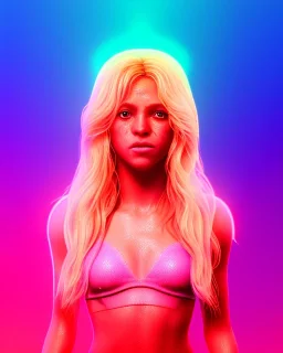 portrait, Shakira, blonde artist, Realistic image, drinking a strawberry milkshake, pink line make-up, sweat, fog, goddess style, Neon colors, leds. Color background, photo studio, concept art, smooth, unreal engine 5, god lights, ray tracing, RTX, lumen lighting, ultra detail, volumetric lighting, 3d, finely drawn, high definition, 4k.