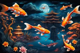 nice vibrant color koi fishes floating and flying on the dark sky over the weird surreal ancient city, around in the desert wird dark plants, death trees, pale light, splash art, melting, deep dark colors with metallic lines.high detailed, cinematic, weird art style ,masterpiece, fantasy, sci-fi concept art, dynamic lighting, hyperdetailed, intricately detailed, Splash screen art, surreal art, crepy stunning