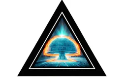 a nuclear explosion cloud, behind an orange glowing omega like shape, all inside an equilateral triangle, like a doorway to a different world, radiant lines, digital painting