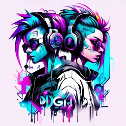 -shirt design, cyberpunk, art boy and girl for style tattoo, abstract color hair, headphone, multimedia, with text "digi". Grafity style. White background.