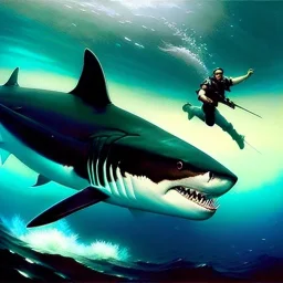 Full Body portrait of ' Giant Megalodon Shark',painting by gaston bussiere, greg rutkowski, yoji shinkawa, yoshitaka amano, tsutomu nihei, donato giancola, tim hildebrandt, oil on canvas, extreme detail,fit full head inside picture,32k