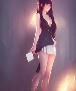 Insane pretty young woman short dressed. by wlop, ilya kuvshinov, krenz cushart, greg rutkowski, pixiv, sarah j. maas book cover style magician at the end of a corridor, smooth, sharp focus, d & d style, artstation, 4 k, hdr. Full body