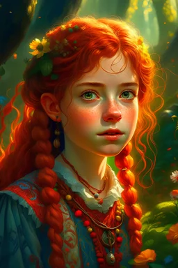 Hansel and Gretel, close-up shot, dynamic pose, fair skin with freckles, blue eyes, curly red hair, braided hair style adorned with flowers, slim and athletic body, bohemian-style clothing with embroidery and tassels, enchanted forest setting, on top of a moss-covered tree stump, impressionist style, soft golden sunlight, digital painting, inspired by Gustav Klimt, high resolution