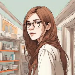 portrait d'une femme de 28 ans Belge aux cheveux brun e tlong, les yeux brun, geek, style manga, couleur très vives, tête bien cadrée sans détourage