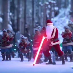 Santa lightsaber duel, against an army of robot elves