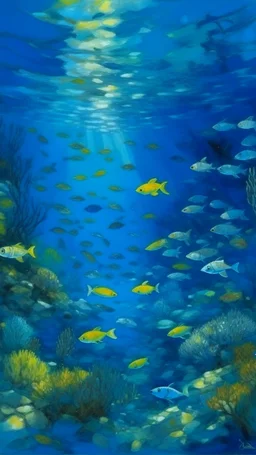 A blue underwater cove filled with fish painted by Claude Monet