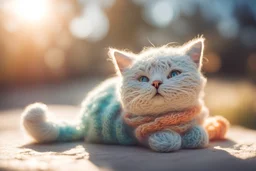 knitted cat in sunshine, ethereal, cinematic postprocessing, bokeh, dof