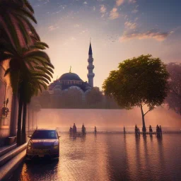 Sultanahmet Istanbul, spring, sunset, fantasy art, waterfall, palms