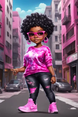 create an airbrush illustration of a chibi cartoon voluptuous black female. Wearing a tye dye blouse and tight black jeans with hot pink Nike sneakers. Prominent make up with hazel eyes and she is wearing pink glasses. Extremely Highly detail of a very low platinum shiny black pixie haircut. Background of a busy city street. 2k
