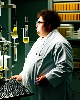 Portrait of a fat scientist in a lab, 16k, ultra realistic, high resolution, highly detailed, beautiful, cinematic, bloom, intricate, attention to detail, hyperrealism, depth of field, volumetric lighting, high contrasts, shadows, colorful