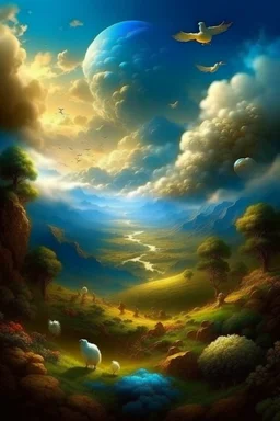 The creation of the world by God. In front of us is a valley with a beautiful landscape, where beautiful animals roam, beautiful birds fly in the sky, beautiful clouds and God in the clouds