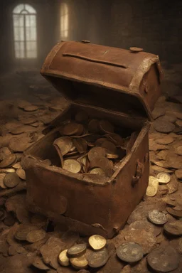 in the BASEMENT there is an old, broken brown oblong leather chest with short handles, from which gold coins from the time of Catherine the Great fall out. The ancient coat of arms of tsarist Russia, the double-headed eagle, is BARELY VISIBLE on the bag. There are a lot of broken bricks and earth around the bag. All in high quality 8K