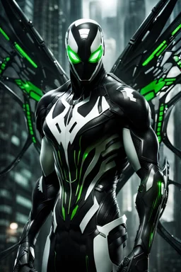 Cyborg symbiote, white color, green color, tendrils, high tech, cyberpunk, biopunk, membrane wings, carbon fiber, cyber tentacles, and the other two.