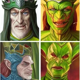 dungeons and dragons, fantasy, goblin, king, green skin, oil painting, large strokes, distinct face, portrait, head, crude crown