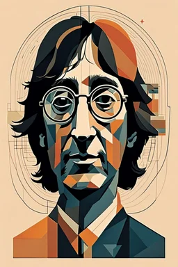 a highly detailed, abstract flat geometric portrait illustration of John Lennon in the minimalist style of Willi Baumeister, Federico Babina and Petros Afshar, sharply detailed and finely lined, in vibrant natural colors