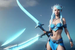 [Sea Elf] [Maormer] Hero Queen with [white hair] and [blue skin] wielding a blue glass greatsword on a ship with crew [fantasy] [realism] [Elder scrolls]