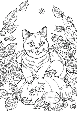 create a coloring page that Illustrate cat in a pile of autumn leaves, with pumpkins and acorns scattered around. full image