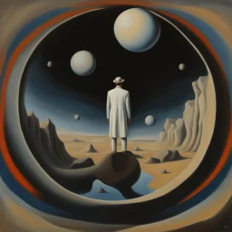 person alone in planet,cover art, surrealist painting called 'today I am thinking about time by dali and picasso and magritte and Breughel