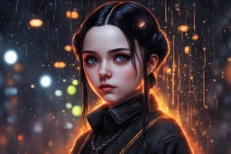 wednesday addams in 8k realistic anime drawing style, Dismal them, neon effect, close picture, rain, highly detailed, high details, detailed portrait, masterpiece,ultra detailed, ultra quality