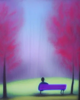 park mystical dream, park bench, man, woman, child, dog, trees, path, bird, sunshine, mystical, fantasy, romanticism, pastel colors, daylight, daytime, acrylic painting, detailed, soft focus,