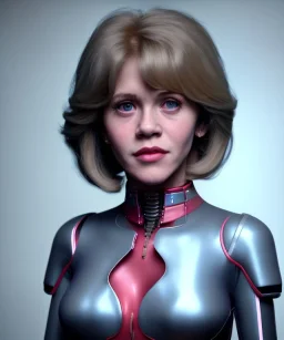 Artist, young jane fonda, 18 years old, android woman, sweet, clean skin, short hair, circuits, ghost in the shell, latex coat, feather, cyber punk, neon, bamboo, blood, portrait, studio photo, unreal engine 5, soft color, 16 bit, god lights, ray tracing, RTX, lumen lighting, ultra deatail, volumetric lighting, 3d, finely drawn, hd.