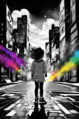 Mixed media picture, the background is black and white line art cityscape. In the middle a colorful photo of a little girl playing in the street, the girl is wearing colorful clothes, her hair is black. enhancing the contrast between her and the black and white cityscape, illustration, cinematic, sharp lights