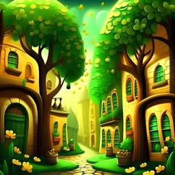 "Leprechaun trees celebrating St. Patrick's in a city street"; trees shaped and dressed as leprechauns, St. Patrick's hats, four-leaved clovers, cauldron with gold, surrealism, fantasy, digital illustration, storybook illustration