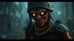 Island of the Dead Dolls (México) as a post-apocalyptic warrior woman with glowing eyes, wearing battered vietnam fatigues, cinematic lighting, trending on artstation, 4k, hyperrealistic, focused, extreme details, unreal engine 5, cinematic, masterpiece