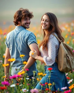 young sweet couple bagbacker happy walking and smiling in Realistic photography of a field of wildflowers, soft natural lighting, vibrant colors, intricate details,peaceful and serene atmosphere.