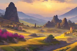 Mediterranean landscape, hills with yellow crops in the background, deep blue sky, big ancient stone houses in the distance, Fantasy Painting