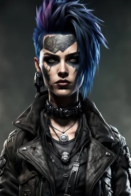 create a full body hyper realistic 3d, 8k portrait of a raggedly dressed, post apocalyptic, female goth punk scavenger , with highly detailed and deeply cut facial features, searing lines and forceful strokes, precisely drawn, boldly inked, with gritty textures, vibrant colors, dramatic otherworldly lighting