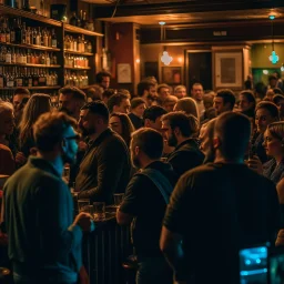 a crowded bar at night, lots of people, focus on a lonely person against the wall