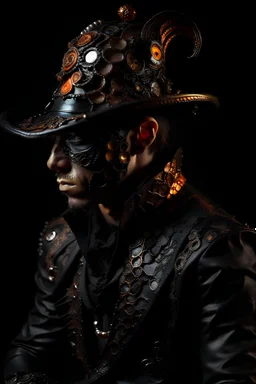 hndsome faced young black jaguarman shaman gothic decadent adorned with filigree bronze patinated dust textured goth decadent black leather filigree ribbed jaguarman hat heanddress wearing gothica decadent copper and platina colour gradient goth vantblack steel lace ribbed leather tuxedo embossed art nouveau florals,orange agate black onix stone pearls ornated jacket organic bio spinal ribbed detail of gothic style decadent rainy background extremely detailed hyperrealistic gothica portrait art