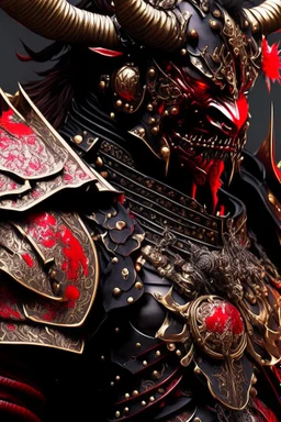 a close up of a person in armor, black bull samurai, minotaur in ancient armor, ornate armor covered in thorns, demon samurai warrior, black and reddish color armor, moon bull samurai, red demon armor, samurai armor, intricate assasin armor, black heavy armor with gold trim, anime fantasy artwork, black and red armor, minotaur warrior, demon samurai