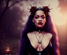 Rita ora, 1800s, witchcraft, long curly black hair, choker, pentagram, holding black rose, Victorian dress, headdress, blood, castle