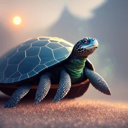 Mike Winkelmann style art, Fantastic digital art of a sitting meditating turtle holding a wooden rod, high definition, magical powers, close shot, background galaxy, 8k, extremely detailed