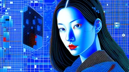 An illustration by Kuniyoshi and Matisse of a tech-girl inside a digital blue matrix-grid.