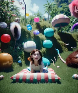 Wes Anderson photographer, Ultra realistic garden scene, wide angle view, teenager playing with feather pillows and sweet inflatable monsters, circus dress style, feather color, free jumping, many trinkets, hair monster, many jelly beans, balls, smile, extreme, wind, soft color, highly detailed, unreal engine 5, ray tracing, RTX, lumen lighting, ultra detail, volumetric lighting, 3d, finely drawn, high definition.