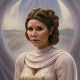 hyperspace background, complete and photo realistic detailed head to waist stunning photo realistic portrait of carrie fisher as Princess Leia in star wars with photo realistic wedding hairstyle by Mandy Jurgens and mucha and Richard Schmid and chuck close and chie yoshii, extraordinary and detailed ceremony dress of star wars,brown eyes