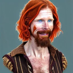 Portrait of Courtney Gains as a ruggedly handsome but joyful roguish pirate, charismatic, attractive male, masculine, perfect, precisely detailed, lightly freckled face, meticulously detailed multi-hued ginger carrot colored cherry fire red hair; Malachai of the corn; fantasy, intricate, elegant, highly detailed, digital painting, artstation, concept art, matte, sharp focus, illustration, art by artgerm and greg rutkowski and alphonse mucha