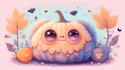 Cute soft hairy fuzzy pumpkin monster with big cute eyes. Bats, stars, sparkles, flowers and mushrooms around. Sweet pastel autumn colours.