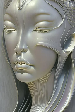 woman's face, half view, greyish colors, by artist "gilded melted bubblewarp";by artist "erte";by artist "michelangelo da vinci";by artist "lalique";by artist "hector guimard" ;character design by artist "emshwiller sol";by artist "fan ho"