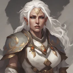 Female earth genasi, with marble stone skin and white hair. Adorned like a military leader