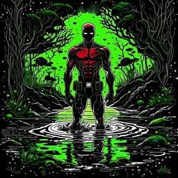 vector art, swamp thing deadpool hybrid, illustration, black background, Vectorstock, flat