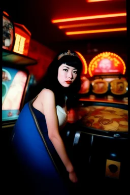 Betty Page art from japanese style 1980 movie. Heavy metal arcade. perfect lighting, leica summicron 35mm f2.0, kodak portra 400, film grain. hangover post party, wasted.