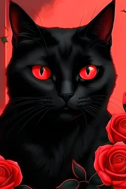 Draw me a black cat with roses in high quality 8k