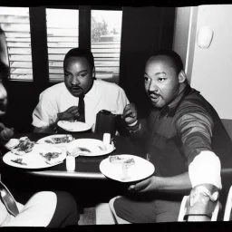 Martin Luther King Jr. and Wario eating pizza at a Denny's restaurant